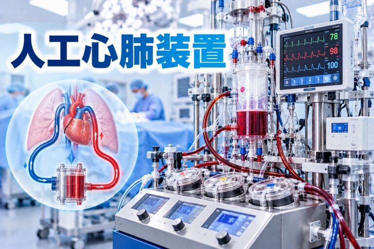 人工心肺装置の医療用アイキャッチ画像。心臓血管外科の手術室に人工心肺装置を配置し、血液ポンプ、人工肺、貯血槽、赤色と青色の血液回路、各種モニターを描いている。左側には心臓と肺、人工心肺回路の模式図を配置し、心臓手術中に血液循環とガス交換を代行する仕組みを紹介している。
