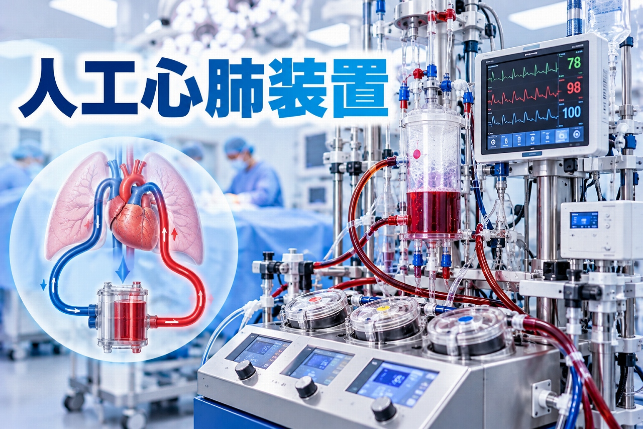 人工心肺装置の医療用アイキャッチ画像。心臓血管外科の手術室に人工心肺装置を配置し、血液ポンプ、人工肺、貯血槽、赤色と青色の血液回路、各種モニターを描いている。左側には心臓と肺、人工心肺回路の模式図を配置し、心臓手術中に血液循環とガス交換を代行する仕組みを紹介している。