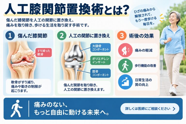 人工膝関節置換術とは、傷んだ膝関節の骨や軟骨の一部を人工関節に置き換える手術で、大腿骨・脛骨側の金属製コンポーネントやポリエチレンインサートを用いて、痛みの軽減や歩行機能の改善を目指す治療を示した図