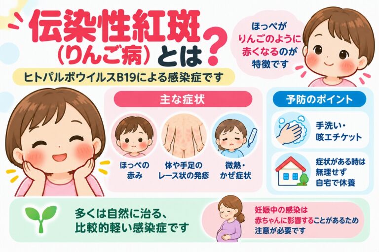 伝染性紅斑（りんご病）の原因や主な症状、予防方法を解説した医療インフォグラフィック。ヒトパルボウイルスB19による感染と、りんごのように赤くなる両頬、体や手足に現れるレース状の発疹、微熱や風邪に似た症状をイラストで紹介。手洗いや咳エチケットによる感染対策と、妊娠中の感染による胎児への影響について図解。