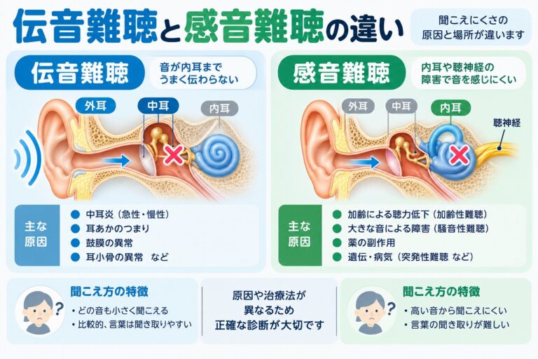 伝音難聴と感音難聴の違い｜原因・障害部位・聞こえ方を比較