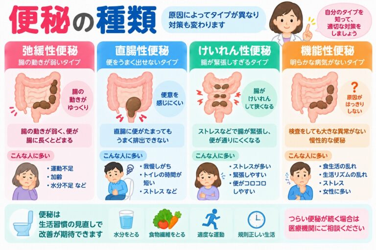 便秘の種類とは？弛緩性・直腸性・けいれん性便秘の特徴と対処法を図解