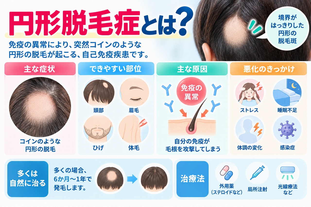 円形脱毛症とは、免疫の異常によって毛包が攻撃され、頭部などに境界のはっきりした円形や楕円形の脱毛斑が突然現れる病気で、主な症状・できやすい部位・発症や悪化に関わる要因を示した図