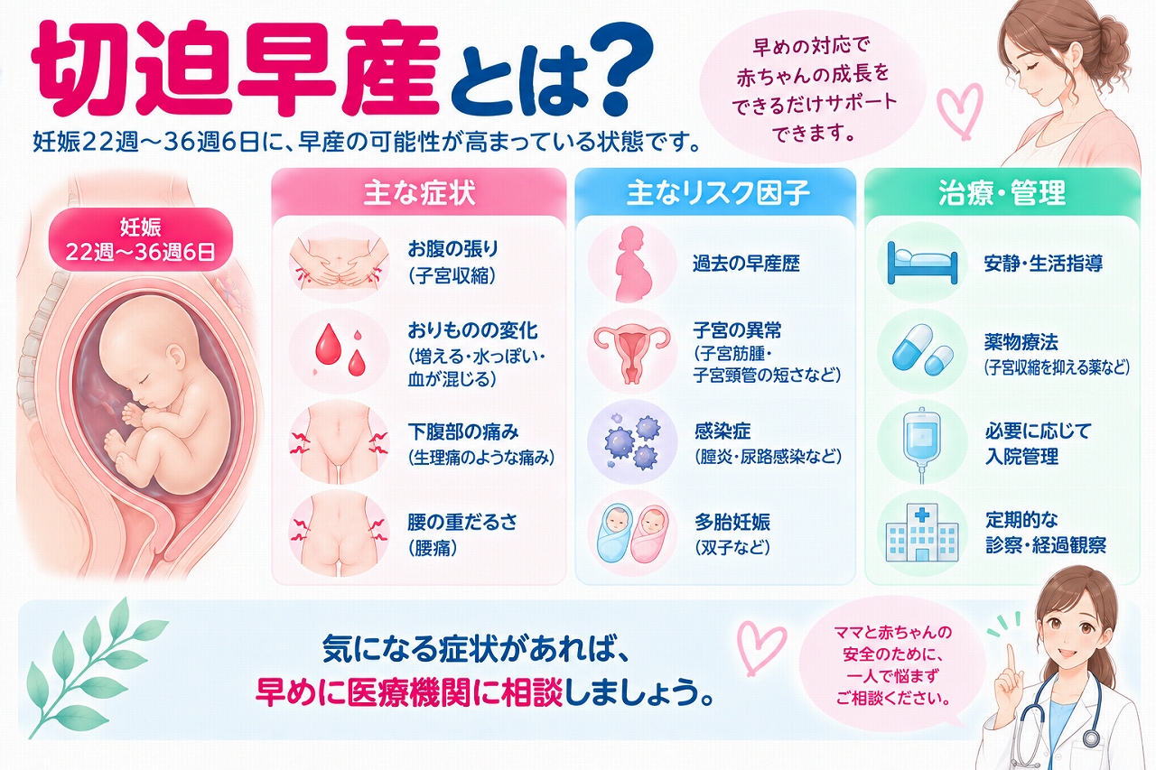 切迫早産の症状やリスク因子を解説したインフォグラフィック。妊娠22週以降37週未満に早産となる可能性が高まった状態について、お腹の張りや下腹部痛、おりものの変化、腰痛などの症状と、検査・治療・経過観察について紹介