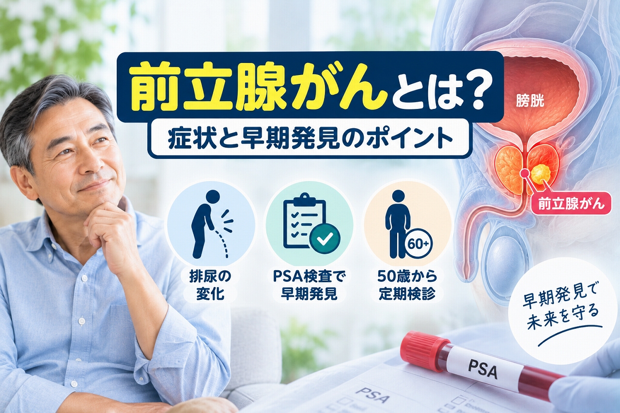前立腺がんの症状と早期発見を解説した医療インフォグラフィック。中高年男性の写真と膀胱・前立腺・尿道の解剖模式図を配置し、前立腺内の腫瘍を黄色で表示。排尿の変化、PSA検査、50歳以降の検診についてアイコンで説明した図解。