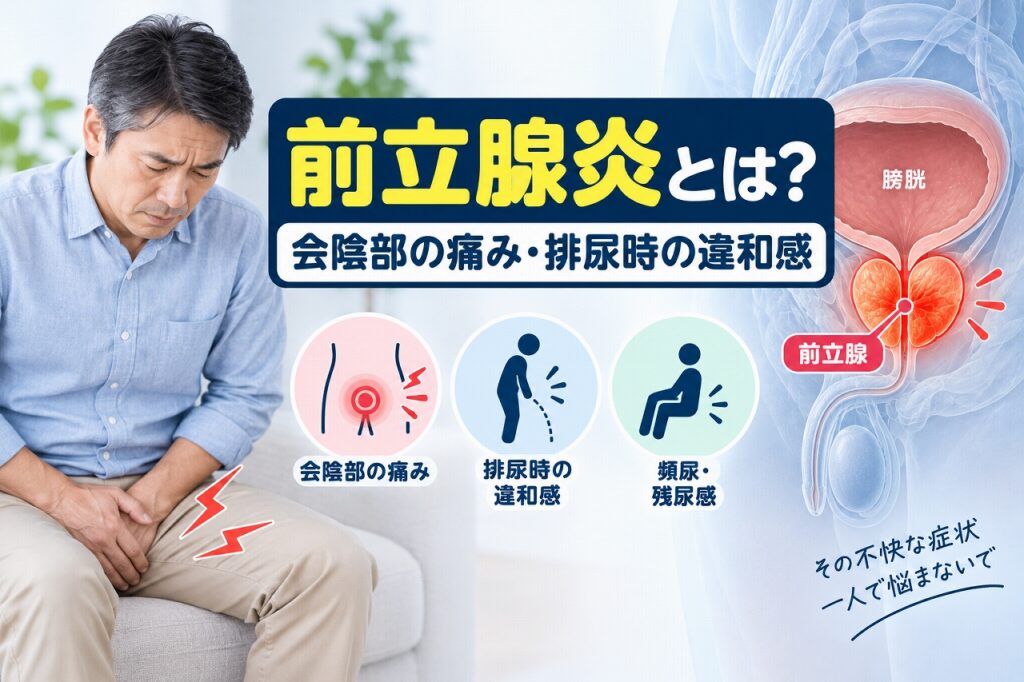 前立腺炎とは？会陰部の痛み・排尿時の違和感と主な症状を図解