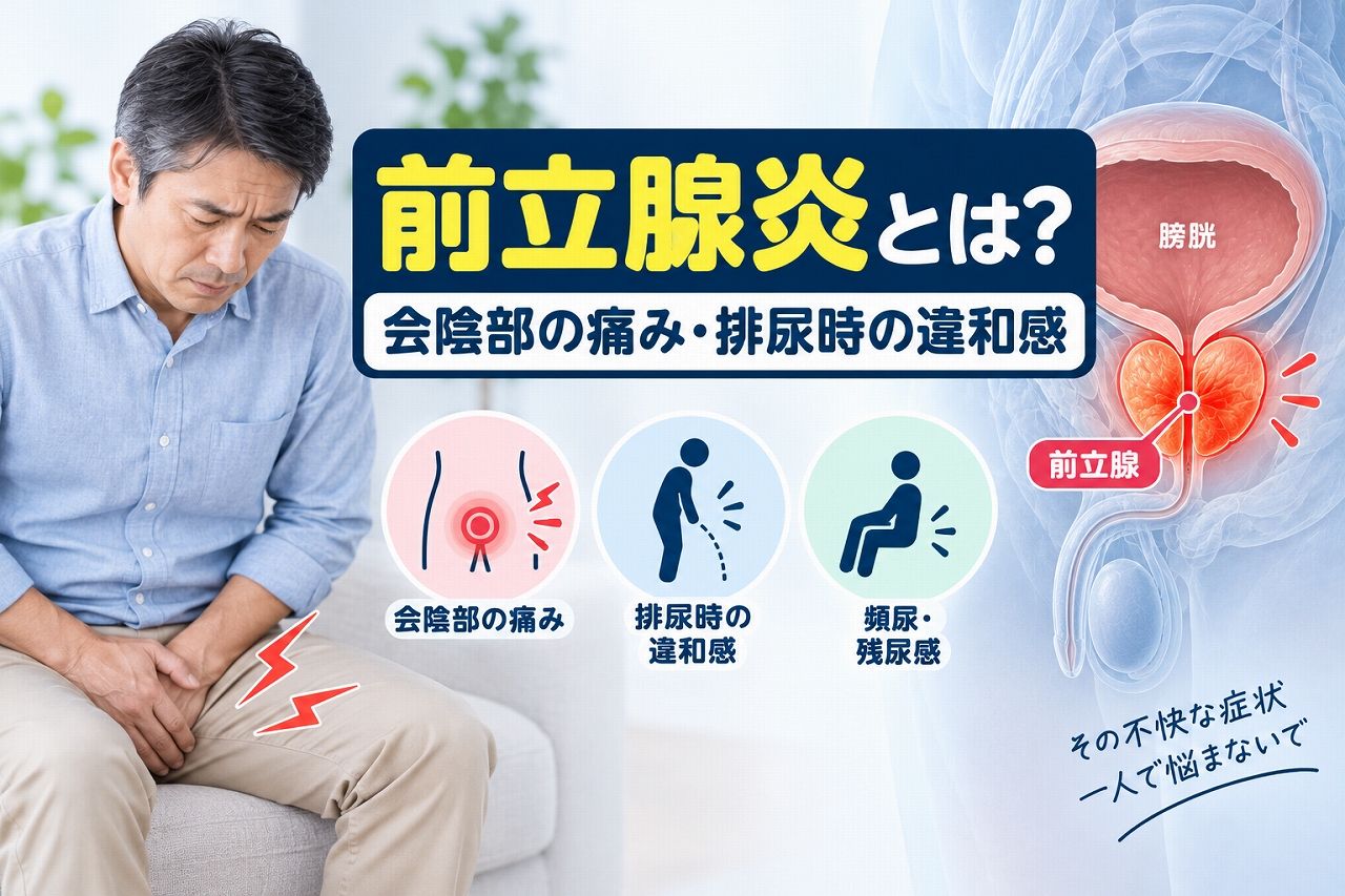 前立腺炎の症状を解説した医療インフォグラフィック。下腹部や会陰部の痛みに悩む中高年男性と、膀胱・前立腺・尿道の位置関係を示す解剖模式図を配置。会陰部痛、排尿時の違和感、頻尿、残尿感などの代表的な症状をアイコンで示した図解。