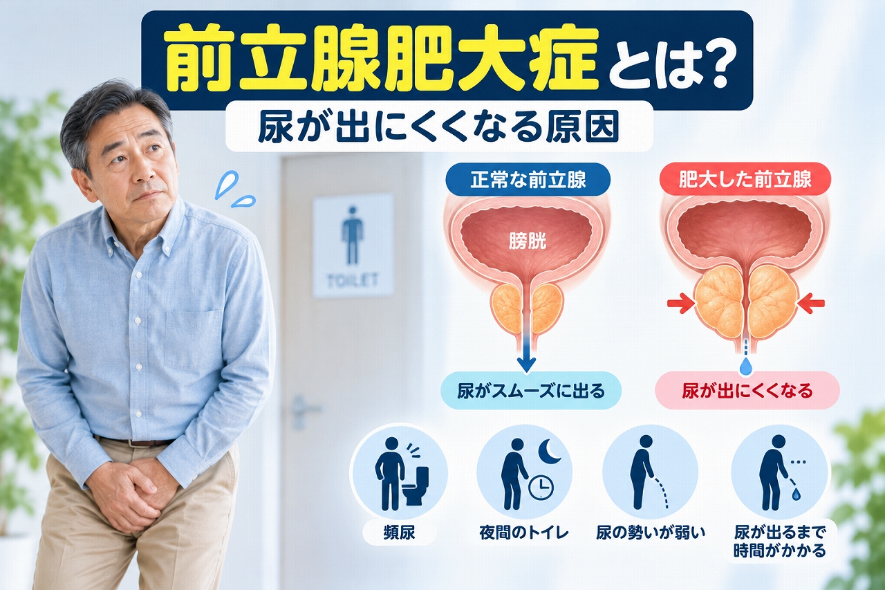 前立腺肥大症の原因と症状を解説した医療インフォグラフィック。正常な前立腺と肥大した前立腺の断面模式図を比較し、尿道の圧迫によって尿が出にくくなる仕組みを説明。頻尿・夜間頻尿・尿勢低下・排尿開始遅延の4つの症状をアイコンで示した図解。