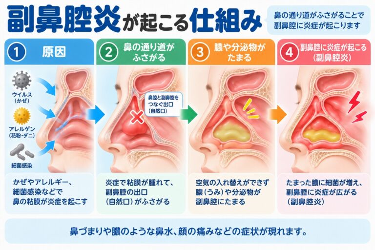 副鼻腔炎が起こる仕組みを解説したインフォグラフィック。風邪やアレルギー、細菌感染などで鼻粘膜が腫れ、副鼻腔の出口がふさがって分泌物や膿がたまり、炎症が広がるまでの流れを4段階で紹介