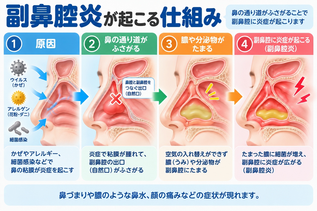 副鼻腔炎が起こる仕組みを解説したインフォグラフィック。風邪やアレルギー、細菌感染などで鼻粘膜が腫れ、副鼻腔の出口がふさがって分泌物や膿がたまり、炎症が広がるまでの流れを4段階で紹介