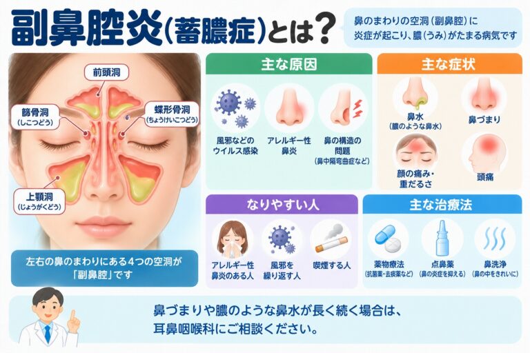 副鼻腔炎（蓄膿症）の原因や症状を解説したインフォグラフィック。鼻の周囲にある副鼻腔に炎症が起こり、鼻づまり、膿のような鼻水、顔の痛みや重だるさ、頭痛などが現れることや、主な原因と治療法を紹介