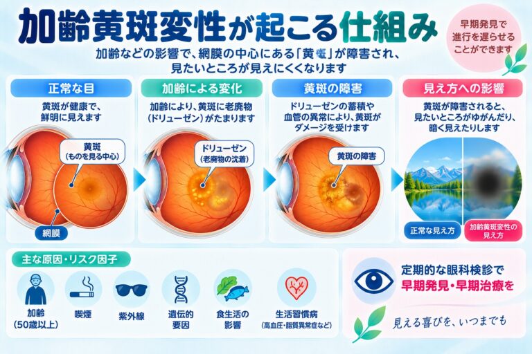 加齢黄斑変性が起こる仕組みを解説したインフォグラフィック。加齢などの影響で網膜の黄斑にドルーゼンなどが蓄積し、黄斑が障害されることで、中心がゆがむ、暗く見えるなどの見え方の変化が起こる流れを紹介