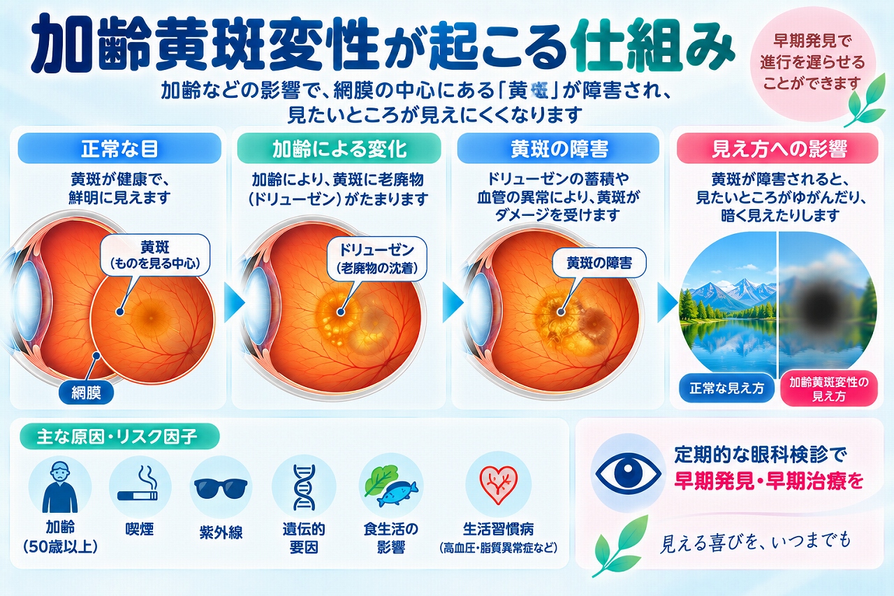 加齢黄斑変性が起こる仕組みを解説したインフォグラフィック。加齢などの影響で網膜の黄斑にドルーゼンなどが蓄積し、黄斑が障害されることで、中心がゆがむ、暗く見えるなどの見え方の変化が起こる流れを紹介