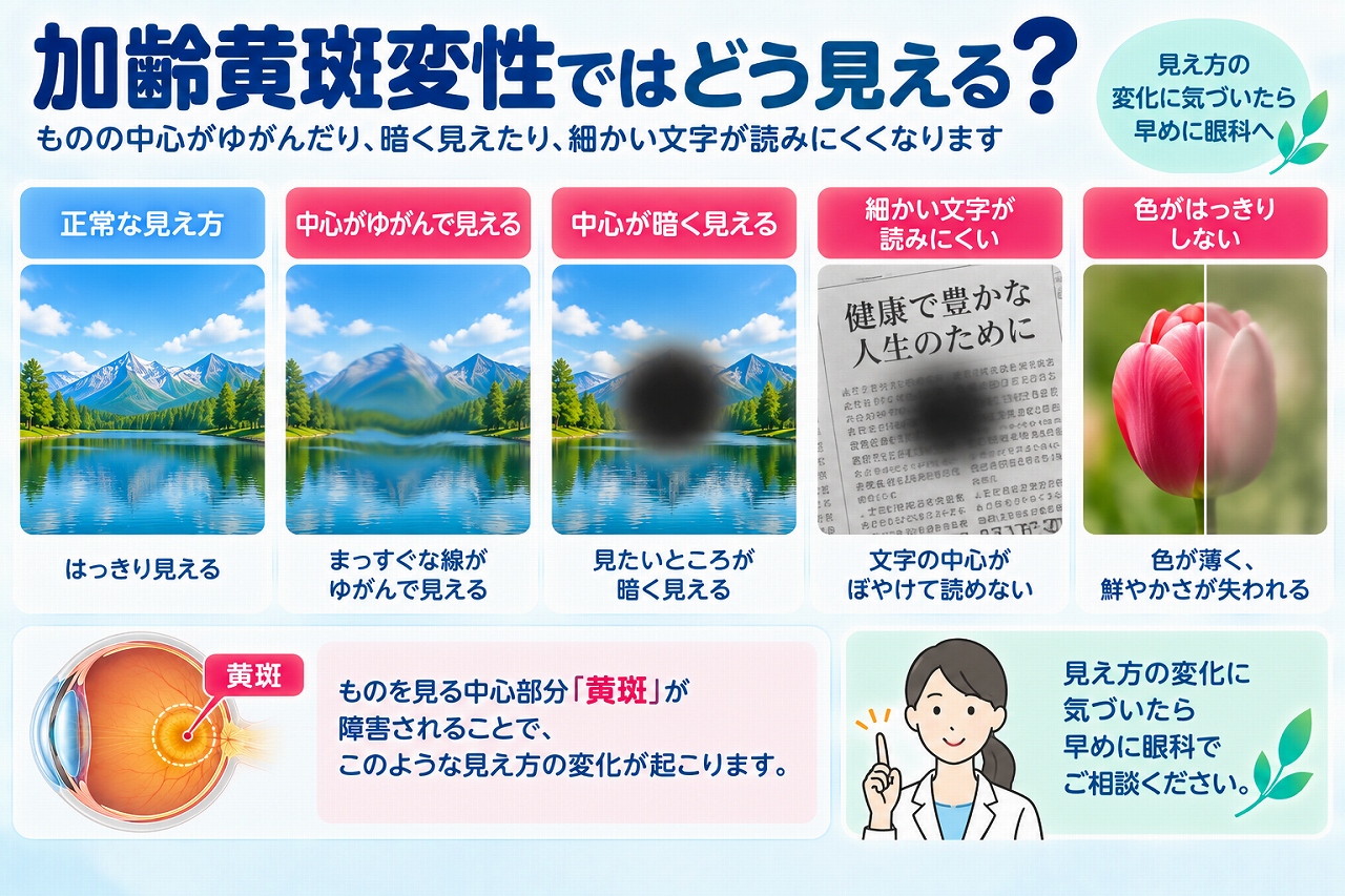 加齢黄斑変性の見え方を正常な視界と比較したインフォグラフィック。黄斑が障害されることで、中心がゆがむ、暗く見える、細かい文字が読みにくい、色がはっきりしないなどの見え方の変化を紹介