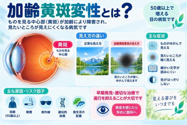 加齢黄斑変性の症状や原因を解説したインフォグラフィック。網膜の中心にある黄斑が加齢などによって障害され、ものがゆがむ、中心が暗く見える、細かい文字が読みにくいなどの見え方の変化が起こることを紹介