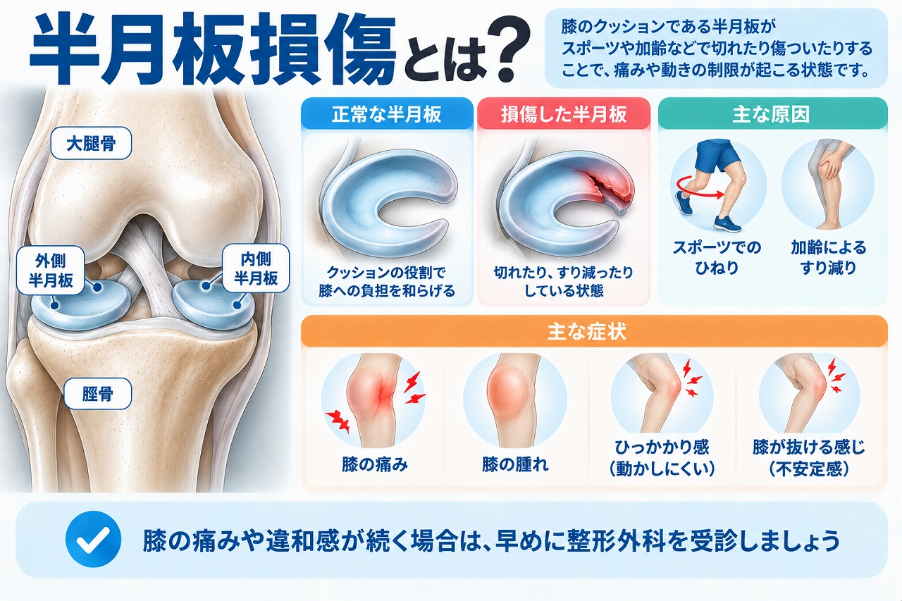 半月板損傷とは、膝関節でクッションの役割をする半月板がスポーツでのひねりや加齢などによって傷つく状態で、正常な半月板との違いや、膝の痛み・腫れ・引っかかり感などの症状を示した図