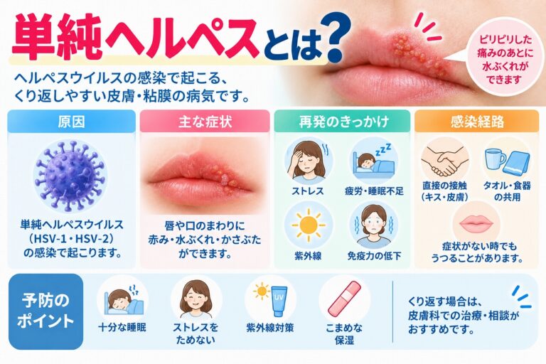 単純ヘルペスとは？唇などに水ぶくれを繰り返す原因と主な症状