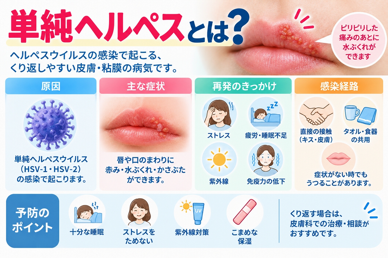 単純ヘルペスとは、単純ヘルペスウイルス（HSV-1・HSV-2）の感染によって起こり、唇や口の周りなどにピリピリした痛みや赤み、水ぶくれ、かさぶたなどが現れる病気で、再発のきっかけや感染経路を示した図