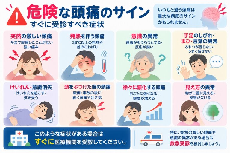 危険な頭痛のサインとは？すぐに受診すべき8つの症状と救急受診の目安を図解