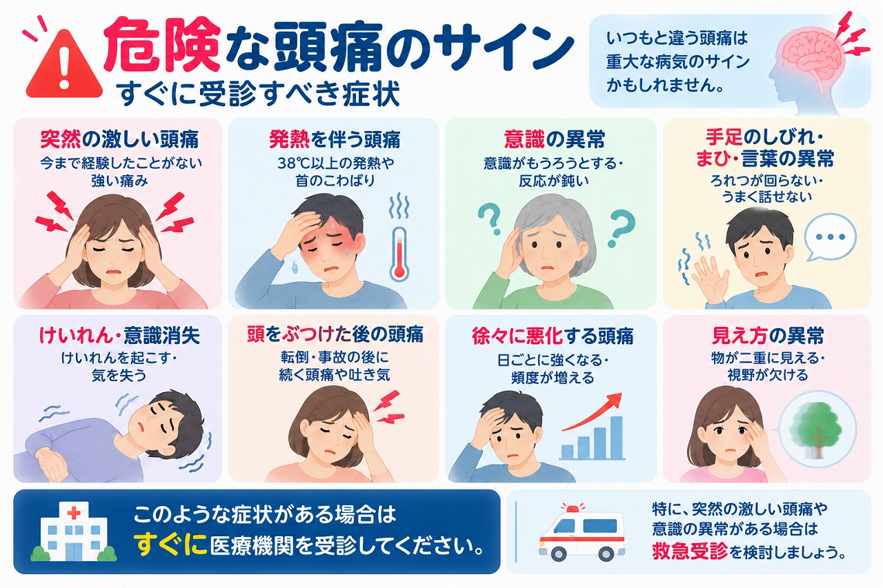 危険な頭痛のサインと受診の目安を解説した医療インフォグラフィック。突然の激しい頭痛、発熱と首のこわばり、意識障害、手足のしびれ・麻痺、言語障害、けいれん、頭部打撲後の頭痛、徐々に悪化する頭痛、視覚異常などを図解。緊急性の高い症状と救急受診の重要性を紹介。