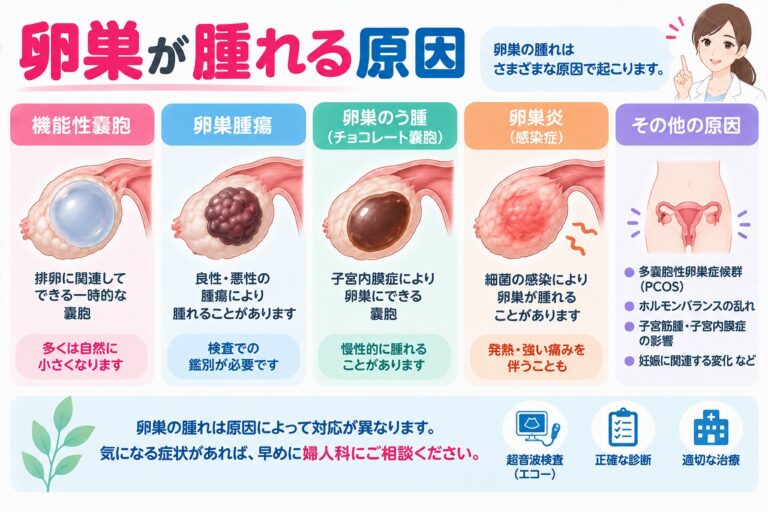 卵巣が腫れる主な原因を解説したインフォグラフィック。排卵に関連する機能性嚢胞、卵巣腫瘍、子宮内膜症によるチョコレート嚢胞、感染による炎症、多嚢胞性卵巣症候群など、卵巣の腫れにつながる原因を紹介