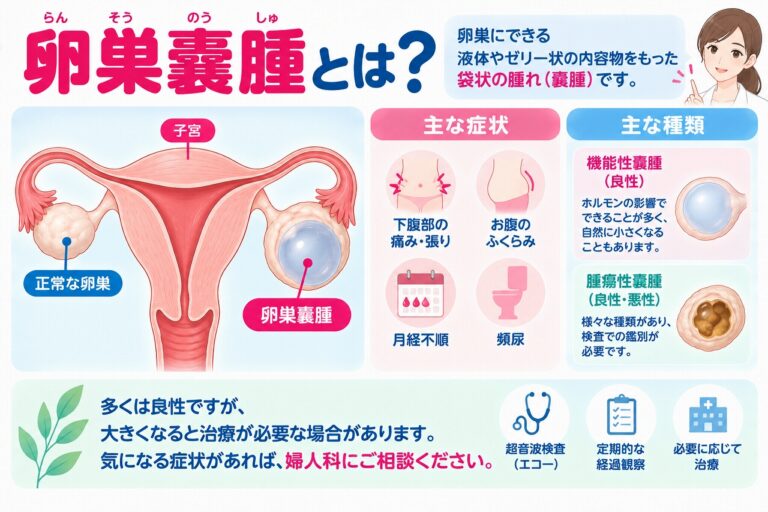 卵巣嚢腫の特徴や症状、種類を解説したインフォグラフィック。正常な卵巣と嚢腫ができた卵巣を比較し、下腹部の痛みや張り、お腹のふくらみ、月経不順、頻尿などの症状と、機能性嚢胞や腫瘍性嚢腫について紹介