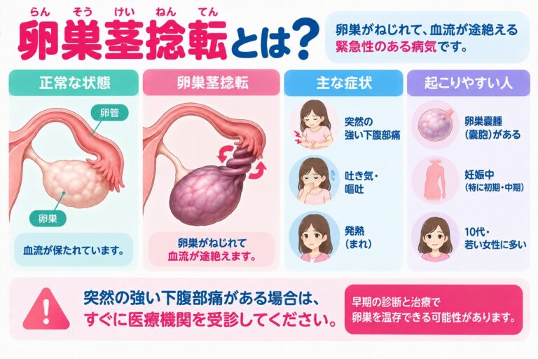 卵巣茎捻転の仕組みや症状を解説したインフォグラフィック。卵巣や卵管を支える組織がねじれて卵巣への血流が妨げられる状態と、突然の強い下腹部痛、吐き気・嘔吐などの症状、卵巣嚢腫がある場合などに起こりやすいことを紹介