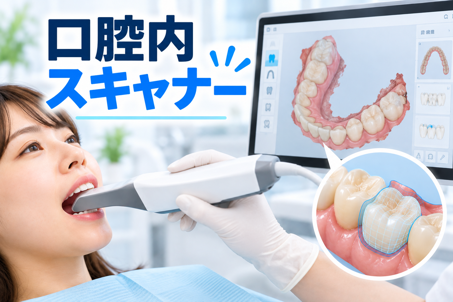 口腔内スキャナーを使用したデジタル歯科治療のアイキャッチ画像。歯科医師が小型のスキャナーで患者の歯列を読み取る様子と、モニターに表示された歯と歯肉の3Dデータを配置。歯の表面をデジタル計測する仕組みを拡大画像で示し、従来の印象材による歯型取りとの違いやデジタル印象の特徴を紹介している。