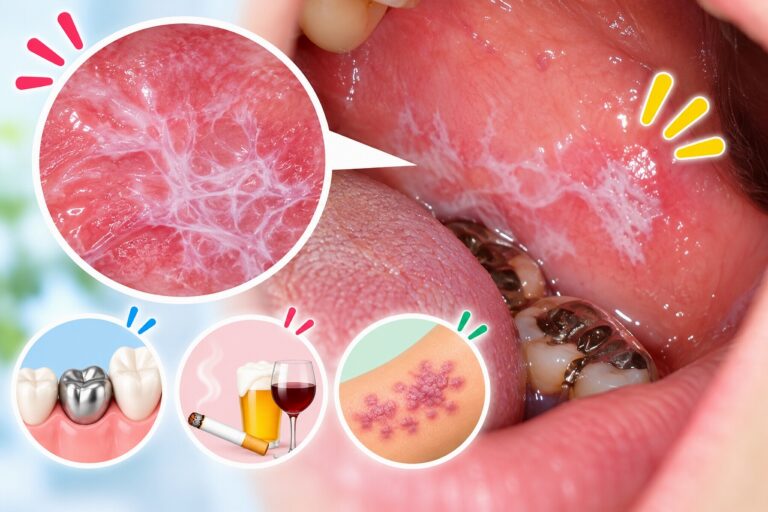 口腔扁平苔癬の特徴を解説した歯科・口腔外科向け医療インフォグラフィック。頬の内側の粘膜に白いレース状・網目状の模様が現れた状態と、その拡大画像を配置。皮膚の紫紅色の発疹、歯科金属のかぶせ物、喫煙・飲酒などの関連要因をイラストで紹介し、慢性的な口腔粘膜の炎症と専門的な診断の重要性を伝える患者教育用画像。