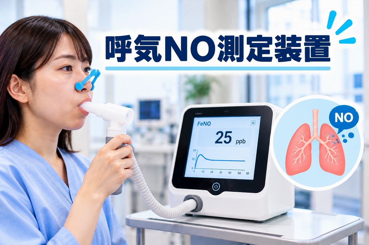 呼気NO測定装置(FeNO測定器)の医療用アイキャッチ画像。女性が鼻クリップを装着し、マウスピースから息を吐いて呼気中の一酸化窒素濃度を測定している。装置の画面にはFeNO値25ppbと測定グラフが表示され、肺と気管支の模式図とともに、気管支喘息などの気道炎症を評価する検査を紹介している。
