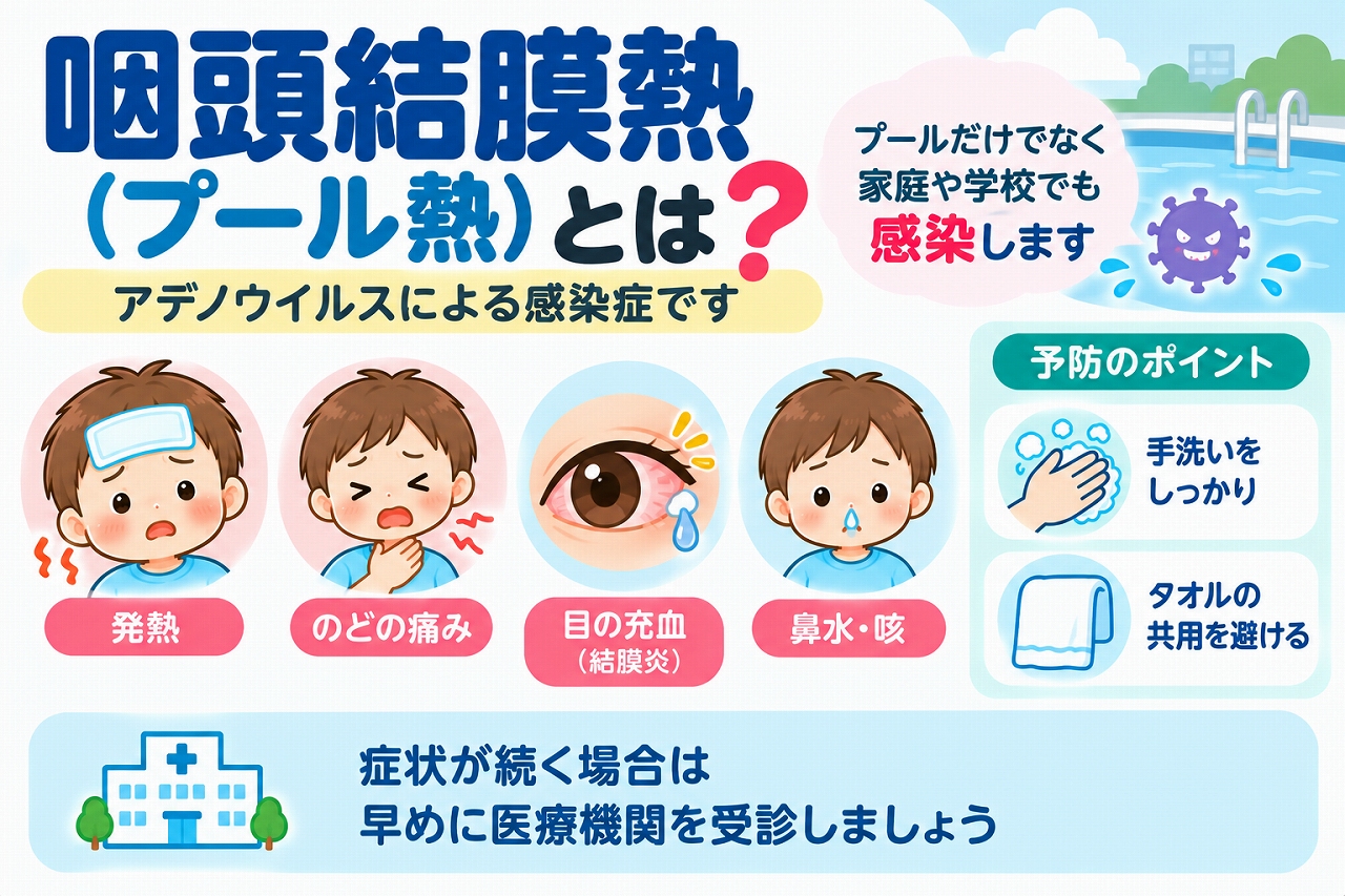 咽頭結膜熱（プール熱）の原因や主な症状、予防方法を解説した医療インフォグラフィック。アデノウイルスによる感染と、発熱、のどの痛み、目の充血、鼻水や咳などの症状を子どものイラストで紹介。プールだけでなく家庭や学校でも感染することや、手洗い、タオルの共用を避けるなどの感染対策を図解。