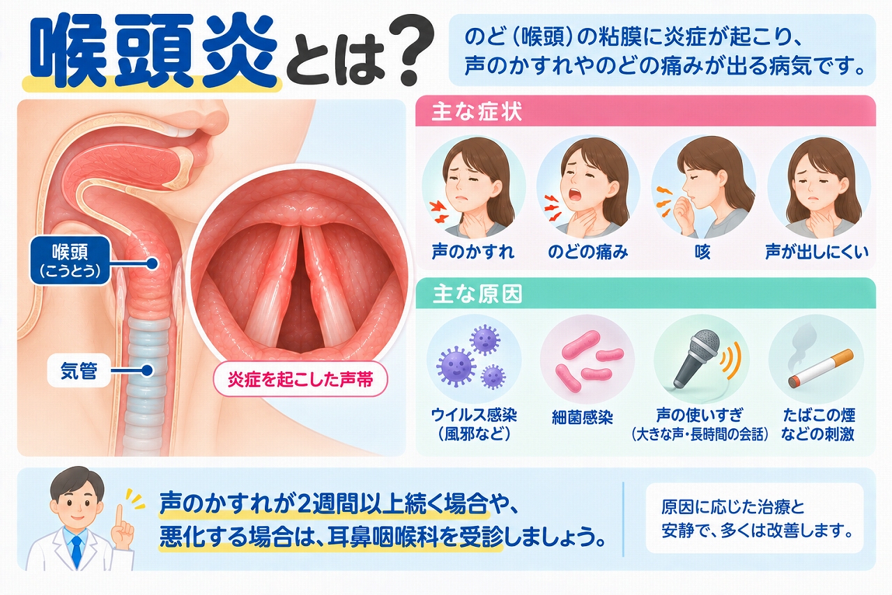 喉頭炎の原因や症状を解説したインフォグラフィック。喉頭や声帯に炎症が起こり、声のかすれ、のどの痛み、咳、声が出しにくいなどの症状が現れることや、ウイルス・細菌感染、声の使いすぎ、たばこの煙などの主な原因を紹介