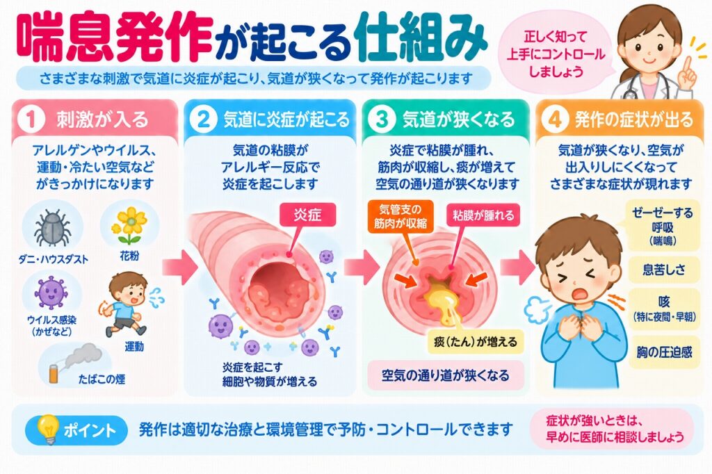 喘息発作が起こる仕組みとは？気道の炎症・収縮と息苦しくなる原因を図解
