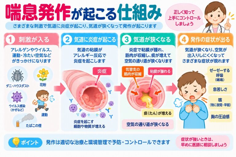 喘息発作が起こる仕組みとは？気道の炎症・収縮と息苦しくなる原因を図解