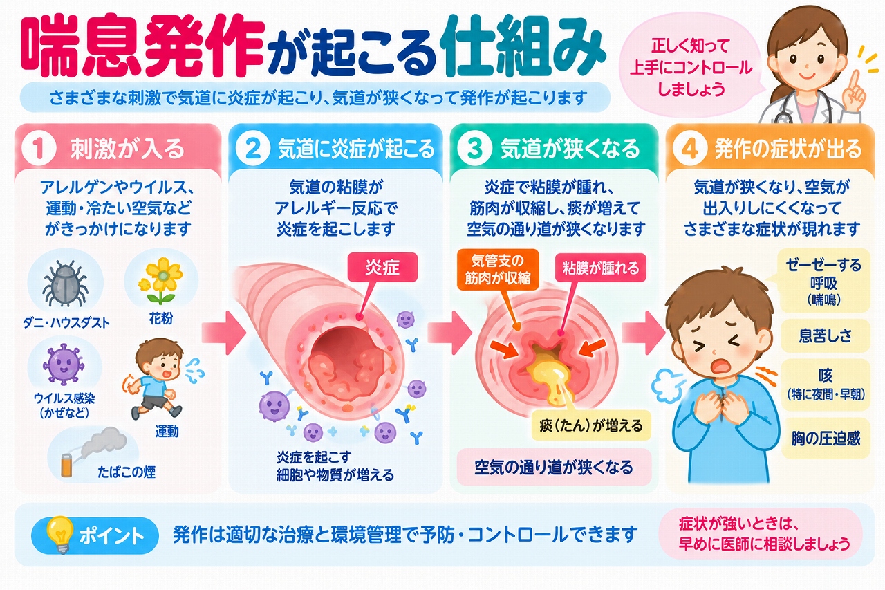 喘息発作が起こる仕組みを4段階で解説した医療インフォグラフィック。ダニ、花粉、ウイルス感染、運動、冷たい空気などの刺激によって気道に炎症が起こり、気管支の筋肉の収縮、粘膜の腫れ、痰の増加によって空気の通り道が狭くなる様子を図解。喘鳴、息苦しさ、咳、胸の圧迫感などの症状も紹介。