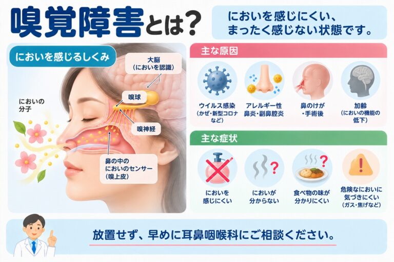 嗅覚障害の原因や症状を解説したインフォグラフィック。においの分子を嗅上皮で感知し、嗅神経から脳へ伝える仕組みと、ウイルス感染、アレルギー性鼻炎・副鼻腔炎、鼻のけが、加齢などによって嗅覚が低下する原因を紹介