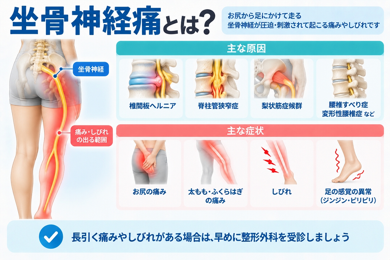 坐骨神経痛とは、お尻から太もも・ふくらはぎ・足にかけて走る坐骨神経が圧迫・刺激されることで、痛みやしびれ、感覚異常などが現れる状態で、主な原因と症状を示した図