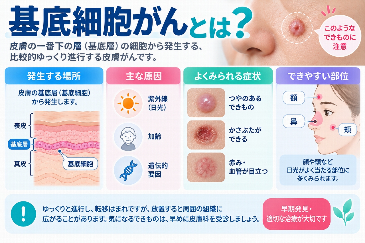 基底細胞がんとは、主に皮膚の表皮基底層付近の細胞から発生する皮膚がんで、光沢のある盛り上がり・かさぶた・潰瘍・出血などの症状や、顔・鼻・額・頬など日光が当たりやすい部位にできやすい特徴を示した図