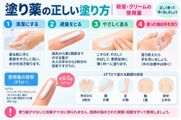 塗り薬の正しい塗り方を、患部を清潔にする、適量をとる、こすらずやさしく塗る、塗布後に手を洗う手順で示し、軟膏やクリームの使用量を1FTU約0.5gとして解説した図