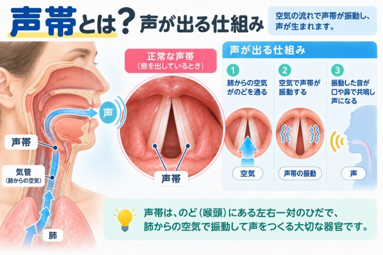 声帯の構造と声が出る仕組みを解説したインフォグラフィック。喉頭にある左右一対の声帯に肺からの空気が当たり、声帯が振動して音が生まれ、のど・口・鼻で響くことで声になる流れと声帯の役割を紹介
