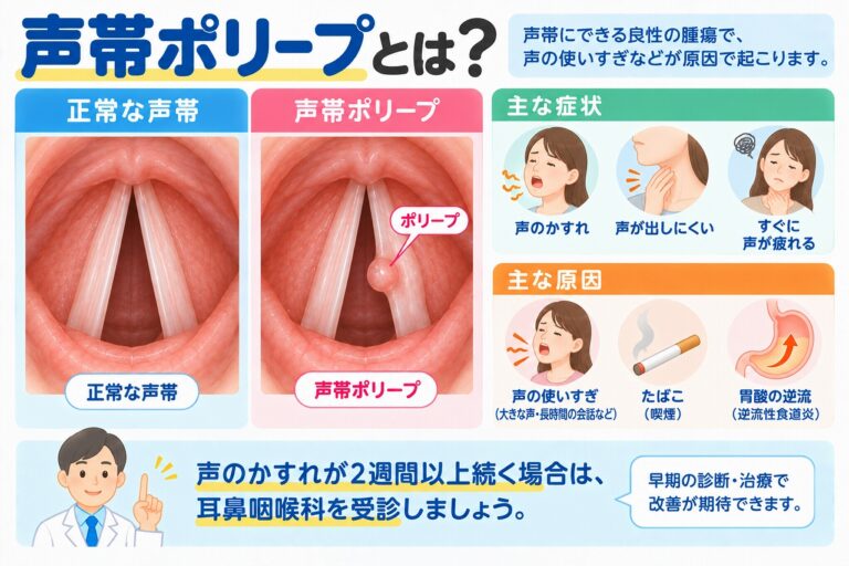 声帯ポリープの原因や症状を解説したインフォグラフィック。正常な声帯とポリープができた声帯を比較し、声のかすれ、声が出しにくい、声が疲れやすいなどの症状と、声の使いすぎ、喫煙、胃酸の逆流などの主な原因を紹介