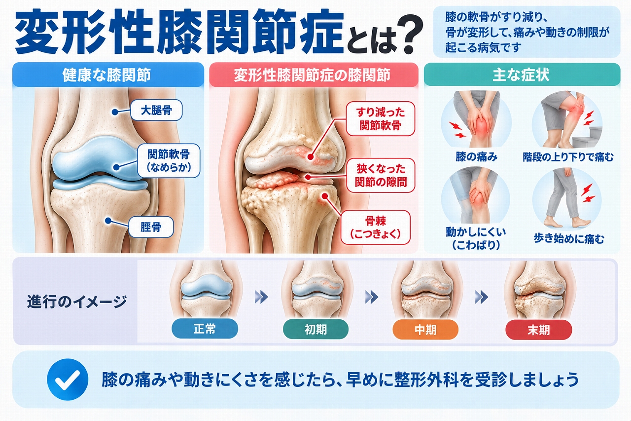 変形性膝関節症とは、膝関節の軟骨がすり減って関節の隙間が狭くなり、骨棘などの変形が進むことで、膝の痛みやこわばり、歩き始めや階段昇降時の痛みなどが現れる病気を示した図