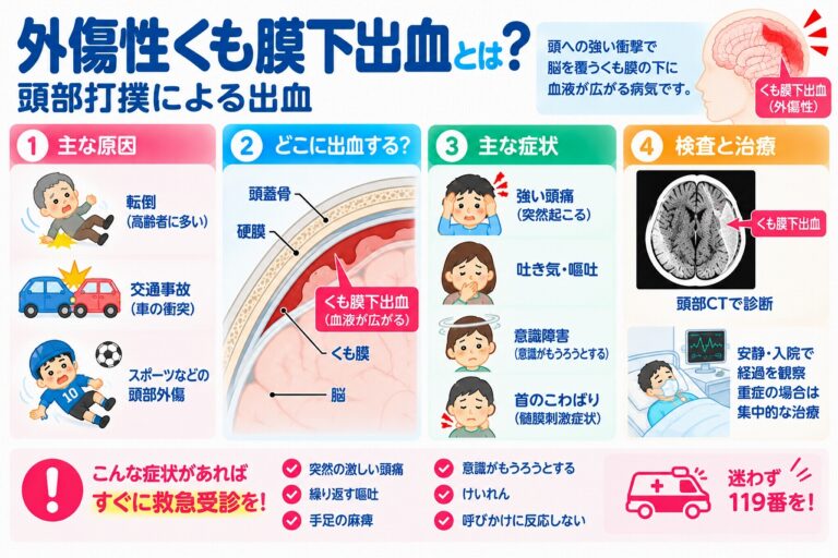 外傷性くも膜下出血の発生する仕組みや原因、症状、検査・治療法を解説した医療インフォグラフィック。転倒、交通事故、スポーツ中の頭部外傷によって脳表面の血管が損傷し、くも膜と軟膜の間にあるくも膜下腔に出血する様子を断面図で紹介。頭痛、吐き気・嘔吐、意識障害、首のこわばりなどの症状と、頭部CT検査、入院管理、緊急受診の重要性を図解。