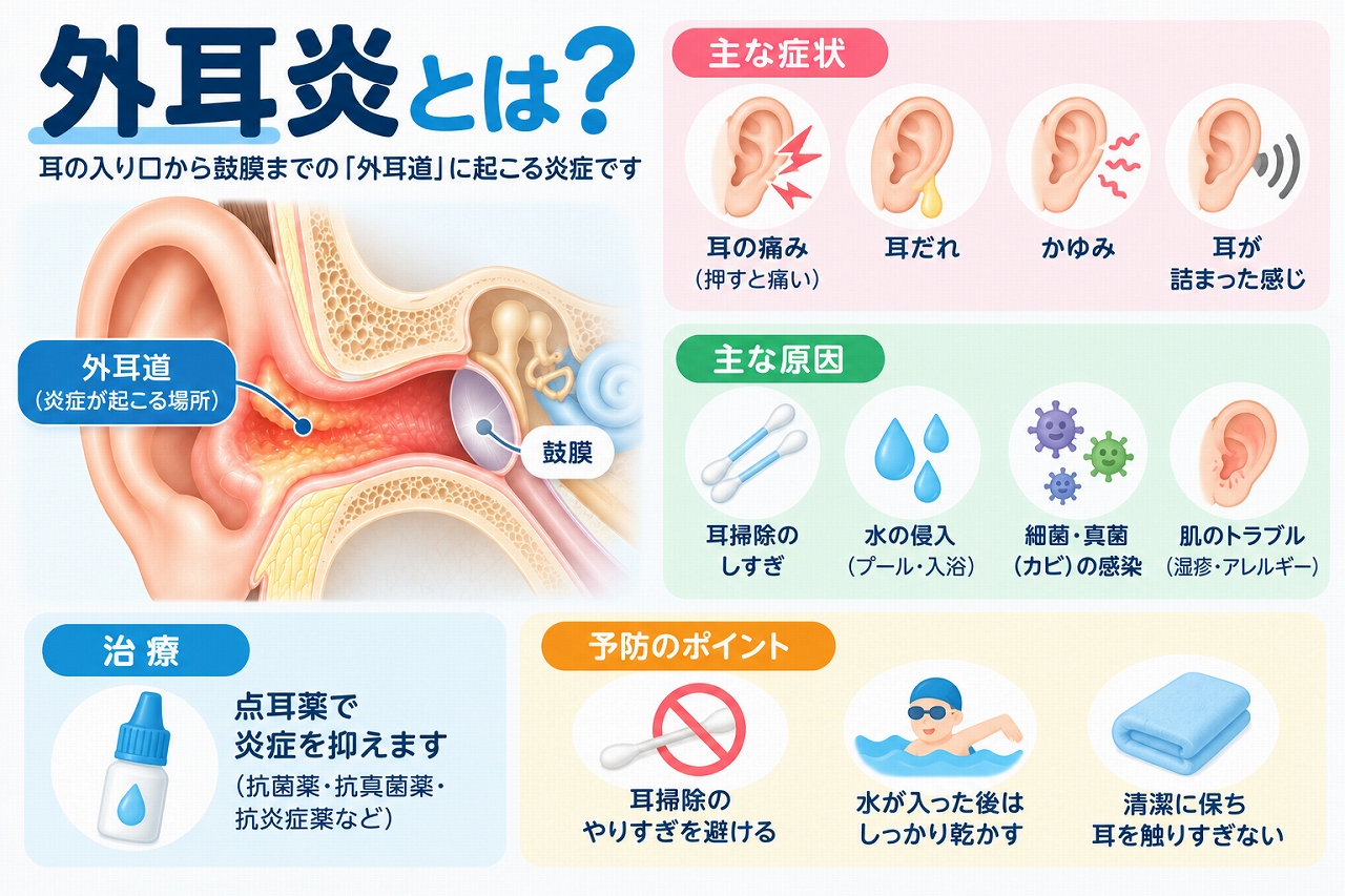 外耳炎の原因や症状を解説したインフォグラフィック。耳の入り口から鼓膜までの外耳道に炎症が起こり、耳の痛み、耳だれ、かゆみ、耳が詰まった感じなどが現れることや、耳掃除、水の侵入、感染などの主な原因を紹介