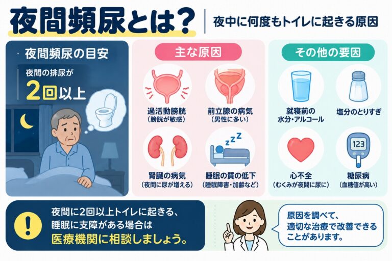 夜間頻尿とは？夜中に何度もトイレに起きる原因と改善方法を図解