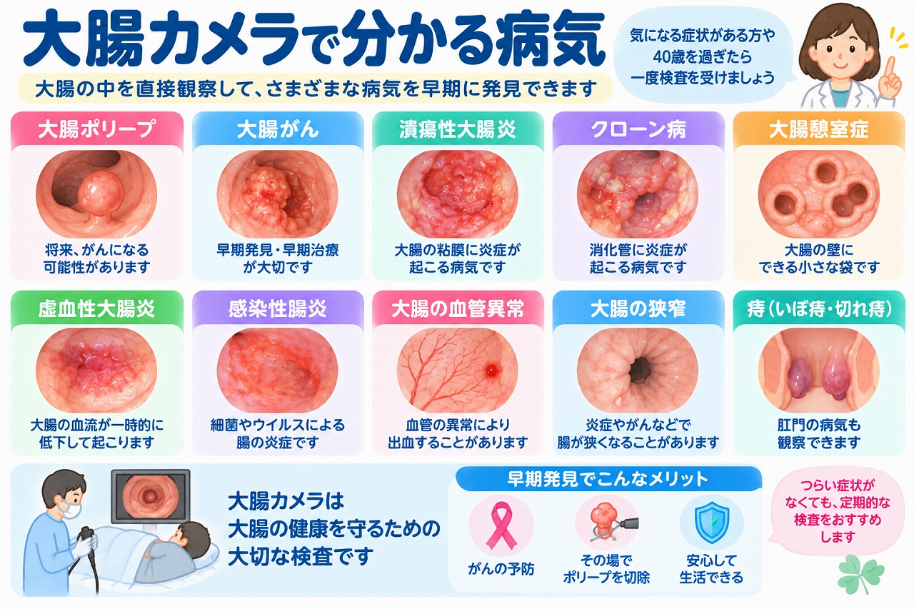 大腸カメラで発見できる代表的な病気を紹介した医療インフォグラフィック。大腸ポリープ、大腸がん、潰瘍性大腸炎、クローン病、大腸憩室症、虚血性大腸炎、感染性腸炎、血管異常、大腸狭窄、痔などを図解。大腸内視鏡検査による早期発見、ポリープ切除、病気の診断と治療の重要性を解説。