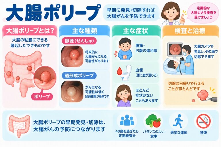 大腸ポリープとは？種類・症状・大腸カメラによる検査と切除方法を図解