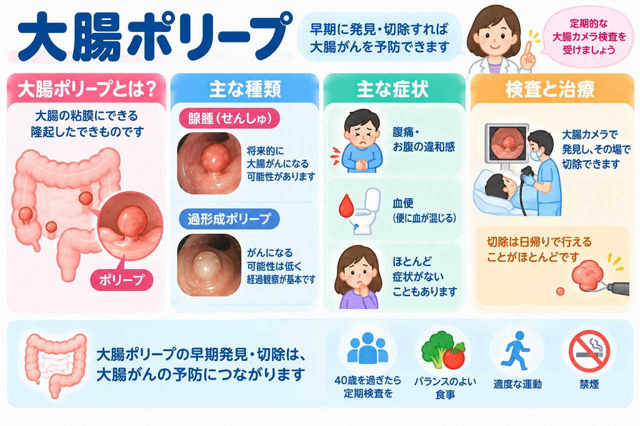大腸ポリープの種類や症状、検査・治療法を解説した医療インフォグラフィック。大腸の粘膜にできる隆起性病変と、腺腫・過形成性ポリープの特徴を紹介。自覚症状がない場合や血便、腹部の違和感などの症状、大腸内視鏡検査による発見と切除、早期発見による大腸がん予防の重要性を図解。