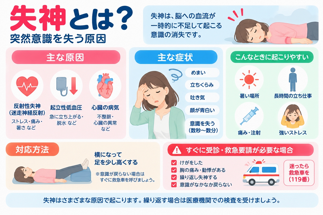 失神の原因や症状、応急処置を解説した医療インフォグラフィック。脳への血流が一時的に不足して意識を失う仕組みと、反射性失神、起立性低血圧、心臓の病気による失神を図解。めまい、立ちくらみ、吐き気、顔面蒼白などの前兆や、横になって足を高くする対処法、119番通報が必要な症状を紹介。