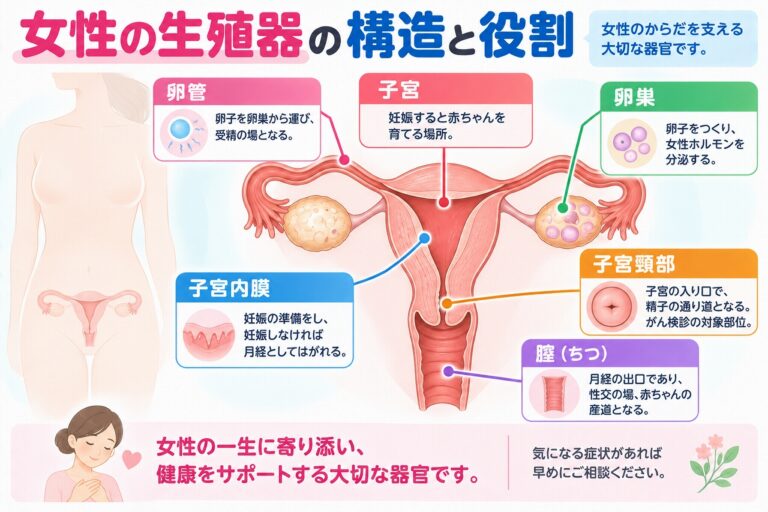 女性の生殖器の構造と役割を解説したインフォグラフィック。子宮、卵巣、卵管、子宮内膜、子宮頸部、腟の位置と、排卵・受精・月経・妊娠などに関わるそれぞれの働きを紹介